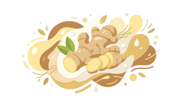 Fresh Ginger Root with Slices and Leaves, Dynamic Abstract Swirls, Healthy Spice Ingredient