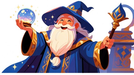 Fototapeta premium Happy cartoon wizard character wears blue robe with gold trim, tall hat. Bearded sorcerer holds glowing crystal ball in one hand, magic staff in. Funny magician stands isolated on white background.