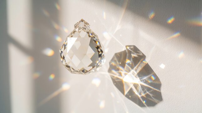 Clear glass crystal suncatcher hangs against white wall. Bright sunlight passes through faceted ornament creates colorful rainbow prism rays, sparkles. Minimalist aesthetic background texture