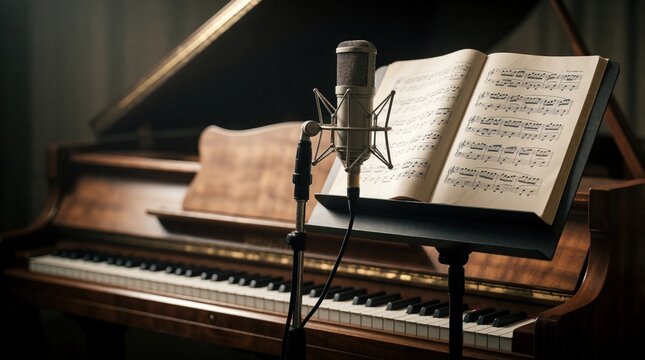 Professional condenser microphone stands before grand piano with open music score book. Musical recording equipment set up in home studio for singer instrumentalist rehearsal. Audio production