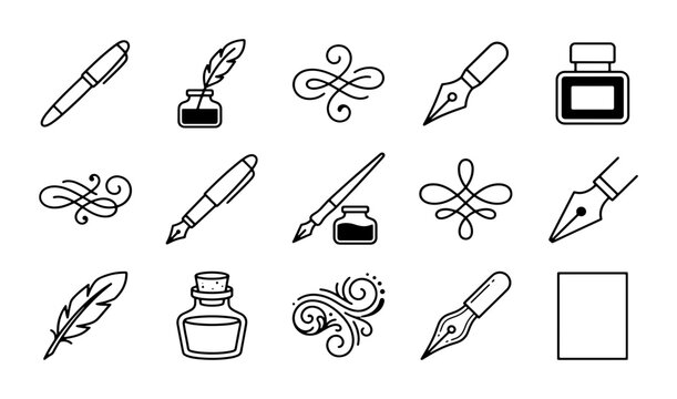 Vintage calligraphy writing tools icon set, 15 black line art vector elements of fountain pens and ink bottles, elegant quill and nib illustrations
