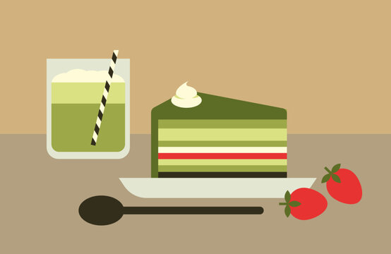 Matcha Cake Slice with Strawberry and Iced Matcha Latte