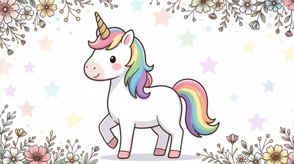 Fototapeta premium Cute white unicorn with rainbow mane, tail stands in center. Floral border surrounds magical creature on white background with stars. Pretty pastel colors decorate whimsical drawing. Fantasy horse