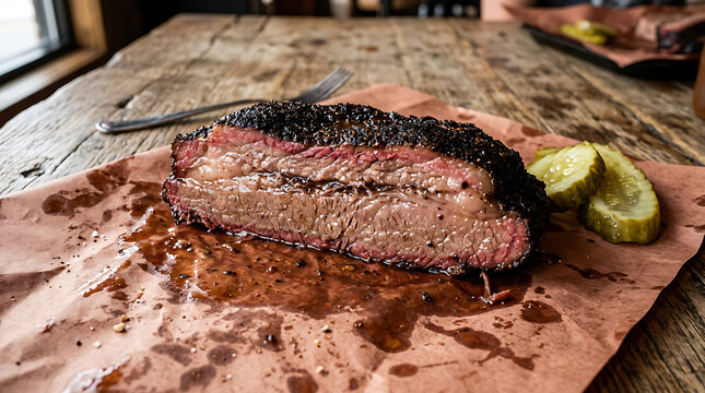 Juicy grilled steak with charred edges on wooden cutting board in rustic kitchen setting