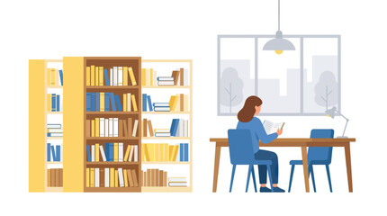 Woman reading book at desk in library with bookshelves and window view © Yutari