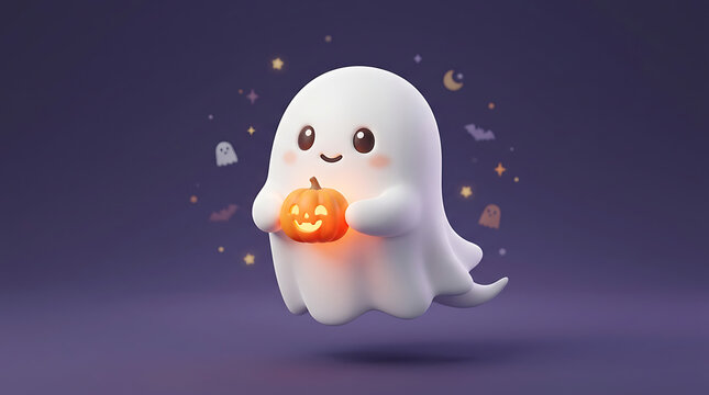 Cute cartoon ghost holding a pumpkin with a surprised expression in a cozy autumn setting