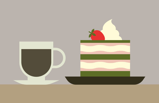 Strawberry Matcha Cake with Whipped Cream and Coffee