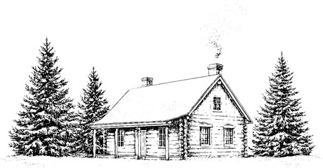 Obraz premium Vintage engraved rustic cabin with snow covered roof and evergreen trees for christmas winter background and seasonal poster design
