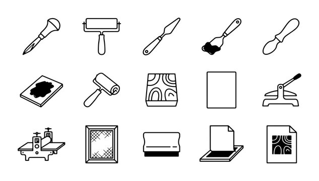 Linocut and printmaking tools icon set, 15 black outline vector elements for woodcut and screen printing, professional art studio equipment