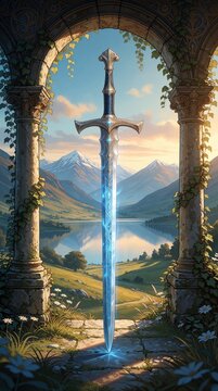 Ancient magic sword stands in stone portal view. Glowing steel blade glows above valley with lake, mountains. Fantasy weapon rests in medieval archway with ivy flowers. Epic heroic sign for adventure