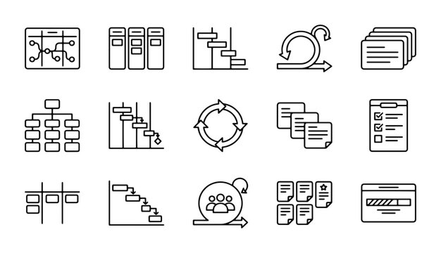 Agile project management icon set, 15 scrum methodology line icons, software development workflow symbols, kanban and gantt chart vector elements