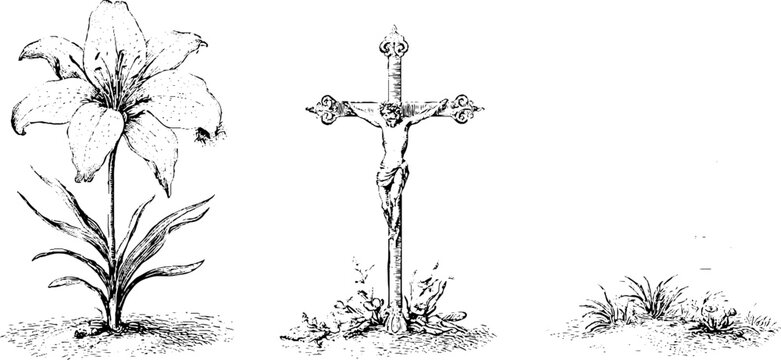 Vintage engraved easter lily with crucifix and grass for religious banner and holiday background design