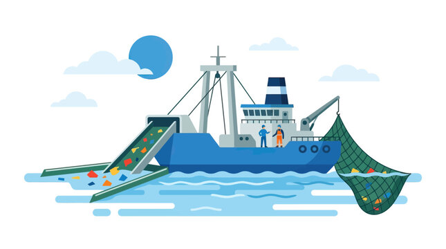 Fishing trawler collecting plastic waste from ocean, environmental pollution concept illustration