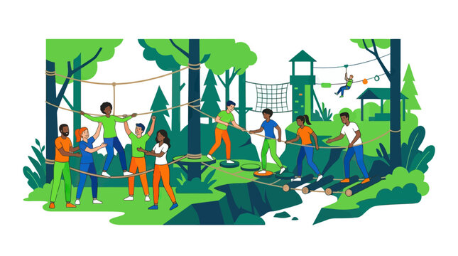 Diverse group of people enjoying an outdoor adventure park, team building activity, ropes course, obstacle challenge