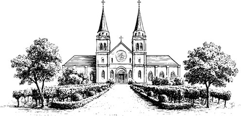 Obraz premium Vintage engraved gothic cathedral with twin spires and formal gardens background for historical banner and architecture design