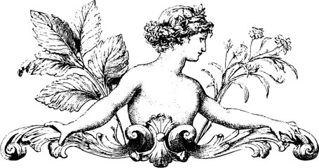 Obraz premium Vintage engraved figure with floral foliage and scrollwork for decorative header design and classical ornamental panel embellishment