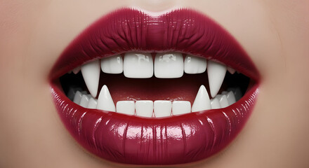 Obraz premium Close up of a woman with dark red lipstick and sharp vampire fangs for a horror themed shoot