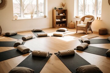 Naklejka na ściany i meble Sunlit yoga studio interior with mats arranged in circle on hardwood floor. Room features pillows, blankets for group meditation practice. Wicker chair sits near wooden shelves in bright quiet space.