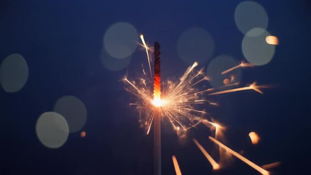 一本の線香花火が濃紺の夜空で丸い火玉を輝かせ放射状の繊細な火花と煙を広げる情景