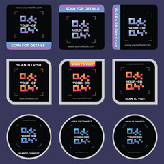 Naklejka premium Nine colorful square matrix barcode templates for graphic designs. Ideal for digital marketing, product packaging, and techrelated projects.