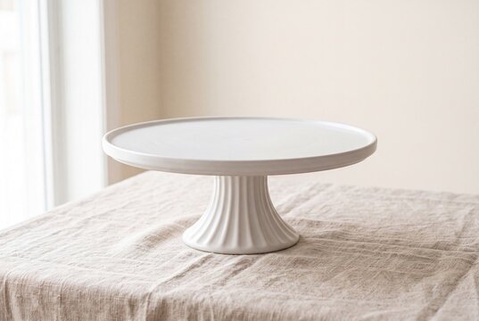 Empty White Ceramic Cake Stand on Linen Covered Table