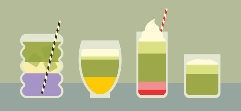 Variety of Flavored Iced Matcha Drinks in Glasses