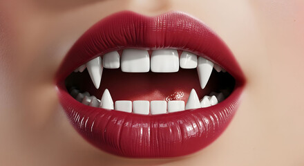 Obraz premium Detailed view of a mouth with dark red glossy lipstick and sharp vampire fangs for halloween
