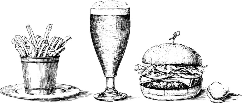 Vintage engraved beer glass burger and fries pairing background for restaurant menu banner and packaging design