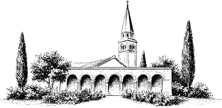 Vintage engraved medieval monastery with long colonnade and tall steeple background for historical poster and architectural design