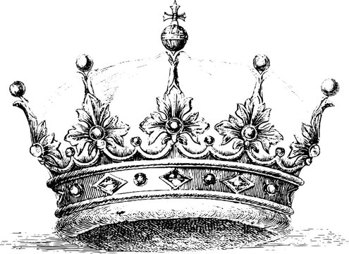 Vintage engraved medieval royal crown with jewels and ornate details for heraldic background and emblem design