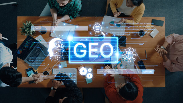 Digital marketing concept featuring GEO strategy. Generative AI search visual shows GEO interface integrating intelligence, logic, and AI input system for prompt tasks. Corpus