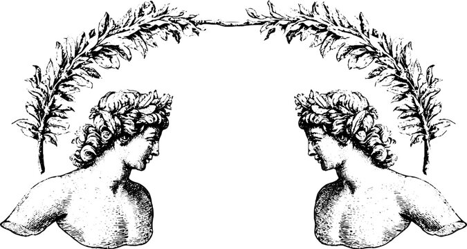 Vintage engraved ornamental frame with facing putti garlands and laurel wreath for decorative border and picture frame design
