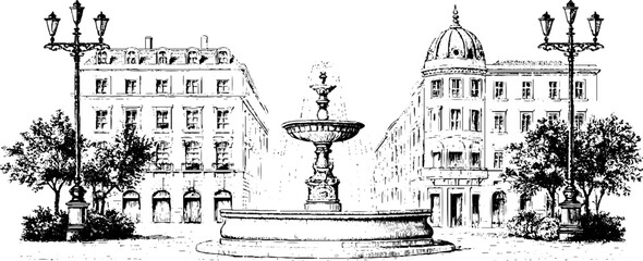 Obraz premium Vintage engraved renaissance city square with fountain and surrounding buildings for historical background and urban architectural composition