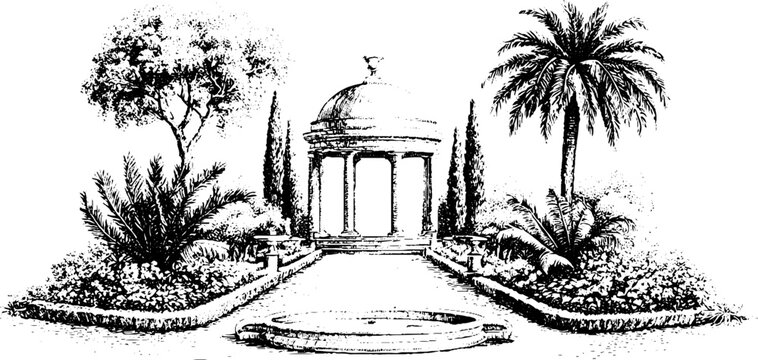 Vintage engraved renaissance botanical garden layout with domed temple palm trees and reflective pool for classical background and wallpaper design