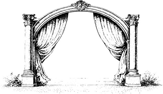 Vintage engraved renaissance theater stage arch with draped curtains for theatrical background and stage scenery design