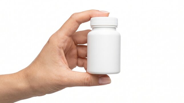 M&atilde;o feminina segurando um frasco branco vazio para suplementos ou medicamentos. Mockup de embalagem isolado no fundo branco