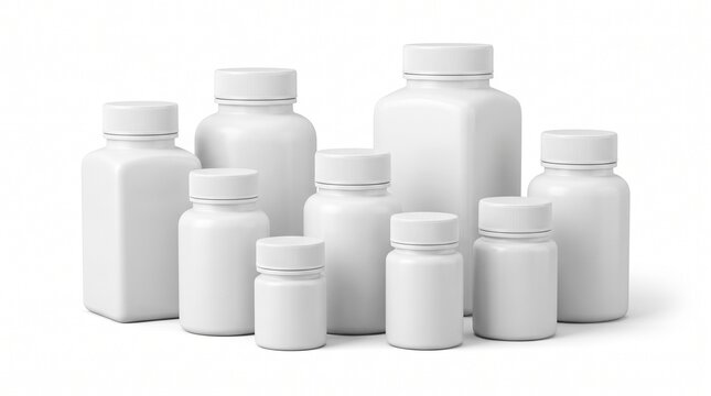 Gruppe wei&szlig;er leerer Plastikflaschen f&uuml;r Nahrungserg&auml;nzungsmittel oder Medikamente. Verpackungs-Mockup isoliert auf wei&szlig;em Hintergrund