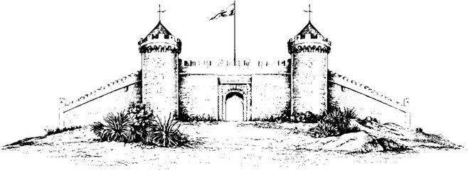Obraz premium Engraved roman military fort with walls and watchtower for historical background and banner design