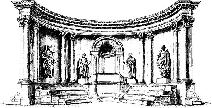 Engraved roman senate chamber interior with curved rows of benches and statues for historical background and architectural study