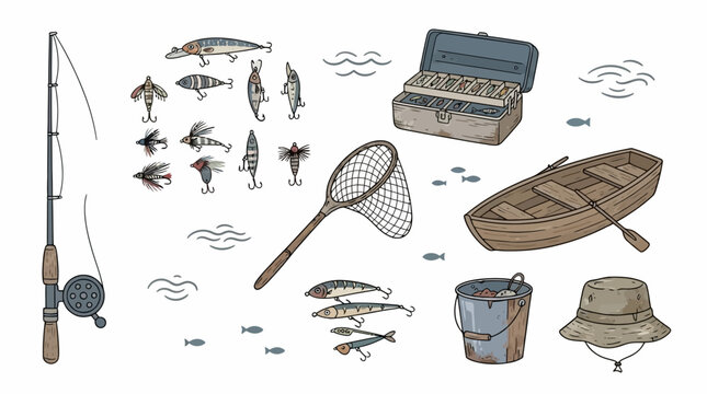 Artistic Collection of Fishing Gear Hand Drawn Doodle Set Featuring Rod Reel Hook and Lure in a Minimalist Line Art Vector Illustration Isolated on a Pure White Background for Graphic Design