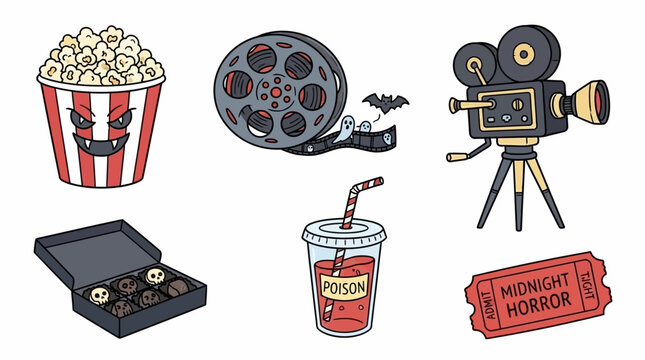 Spooky scary movie night doodle line art vector illustration featuring horror elements like ghosts and popcorn on white background for minimalist aesthetic cinematic entertainment concept.
