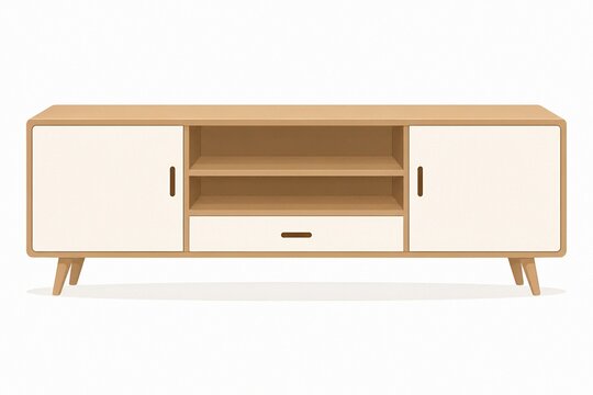 Modern Wooden TV Stand Cabinet with Shelves Vector Illustration