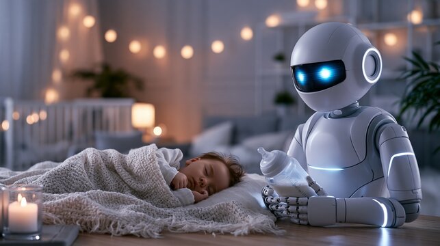 Humanoid robot warms baby bottle while watching over sleeping infant in modern nursery Generative AI