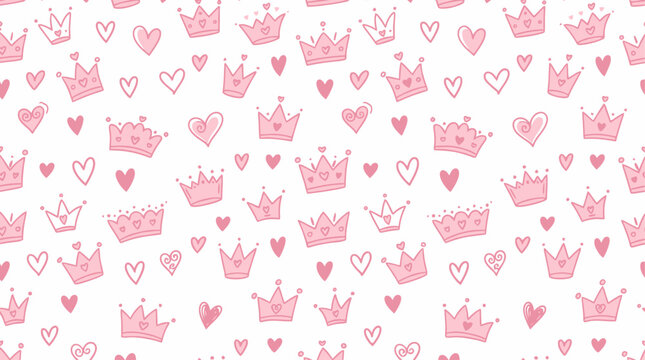 Seamless doodle pattern featuring elegant pink crowns and delicate hearts, charming vector illustration for baby girl nursery wallpaper, whimsical little princess textile design backdrop