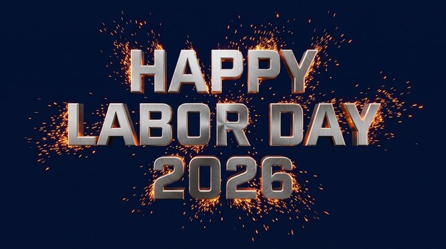 Happy Labor Day 2026. 3D metallic silver text with glowing industrial sparks flying on a dark blue background. Worker's holiday celebration banner