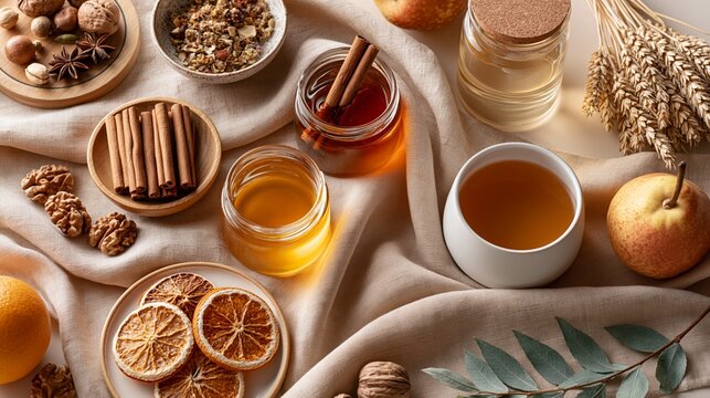 Elegant autumn pantry flat lay with jars, fruit, and natural elements in soft earthy colors Generative AI
