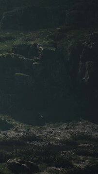 A view shows high cliffs with dark shadows covering parts of the landscape. Green shrubs are scattered across the ground. This scene takes place in a remote mountain area during daytime.