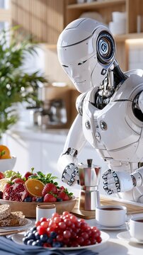 Humanoid robot prepares healthy breakfast in a modern Scandinavian kitchen with fresh fruits and coffee Generative AI