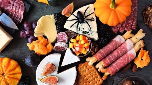 Halloween theme charcuterie board. Top down view against a dark background. Slow rotating zoom motion. Assortment of cheese and meat appetizers.