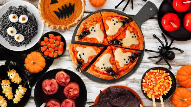 Halloween dinner table scene over a white wood background. Top down view. Slow rotating zoom motion. Ghost pizza, eyeball spaghetti, jack o lantern pumpkin pie, candy apples, snacks and spooky punch.